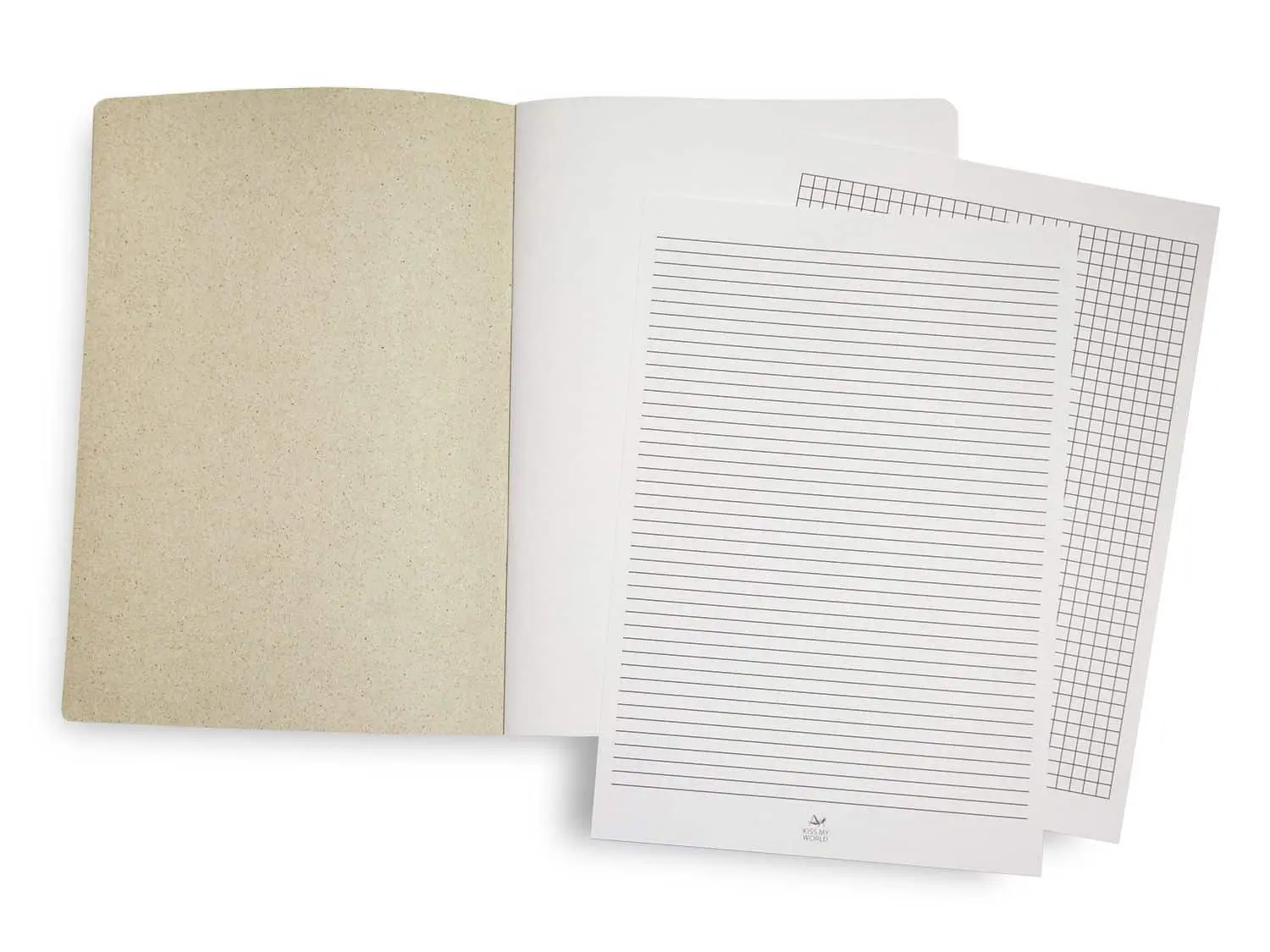 Aufgeschlagenes blanko Schulheft aus Graspapier mit liniertem und kariertem Einlegeblatt aus Recyclingpapier