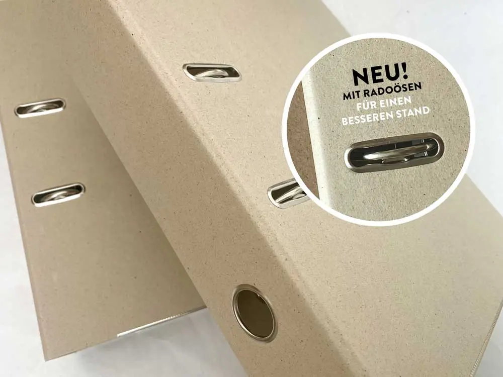 Nachhaltiger Aktenordner aus Graspapier von Papier à la Carte mit Radoösen für besseren Stand