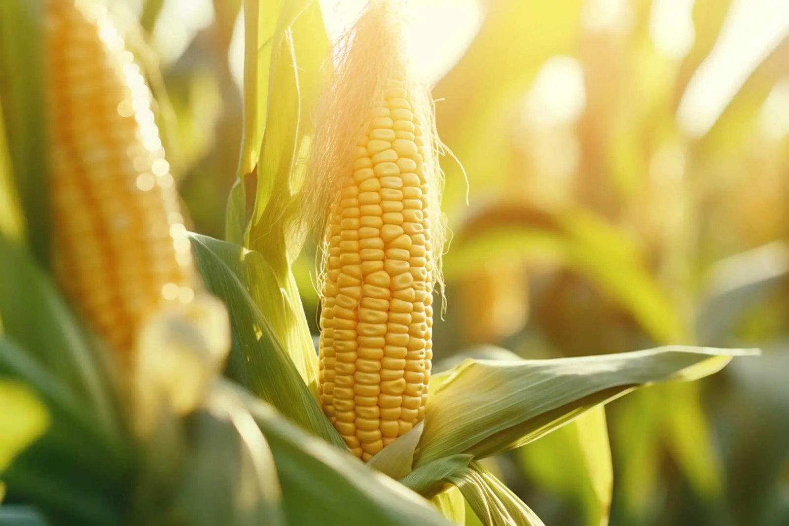Maiskolben auf dem Feld im Sonnenlicht. Aus diesem Mais und Agrarabfällen aus Maisresten wird das Maispapier für unsere Papier à la Carte-Produkte hergestellt. Du kannst das Maispapier A4 als Skizzenpapier und Bastelpapier kaufen