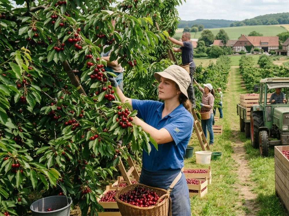 Natürliche Szene einer Kirschernte in einer Plantage mit Erntehelfern beim Pflücken, Holzkisten voller Kirschen und einem grünen Traktor vor einem ländlichen Gutshaus im Hintergrund.