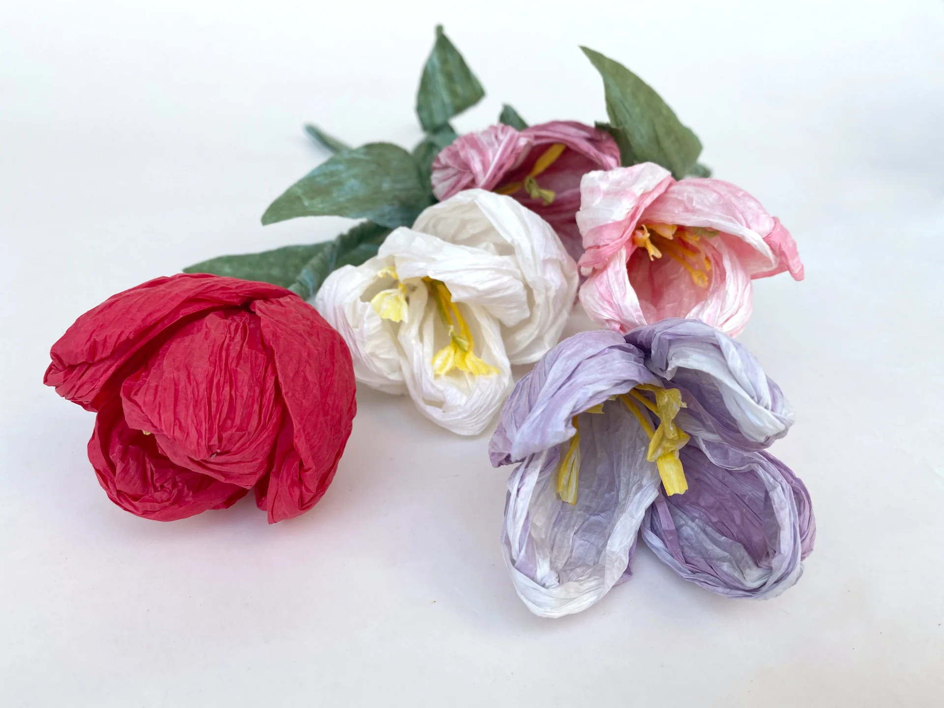 DIY‑Tulpenset aus finnischem Papiergarn mit farbigen Papier‑Tulpen und Geschenkbox.