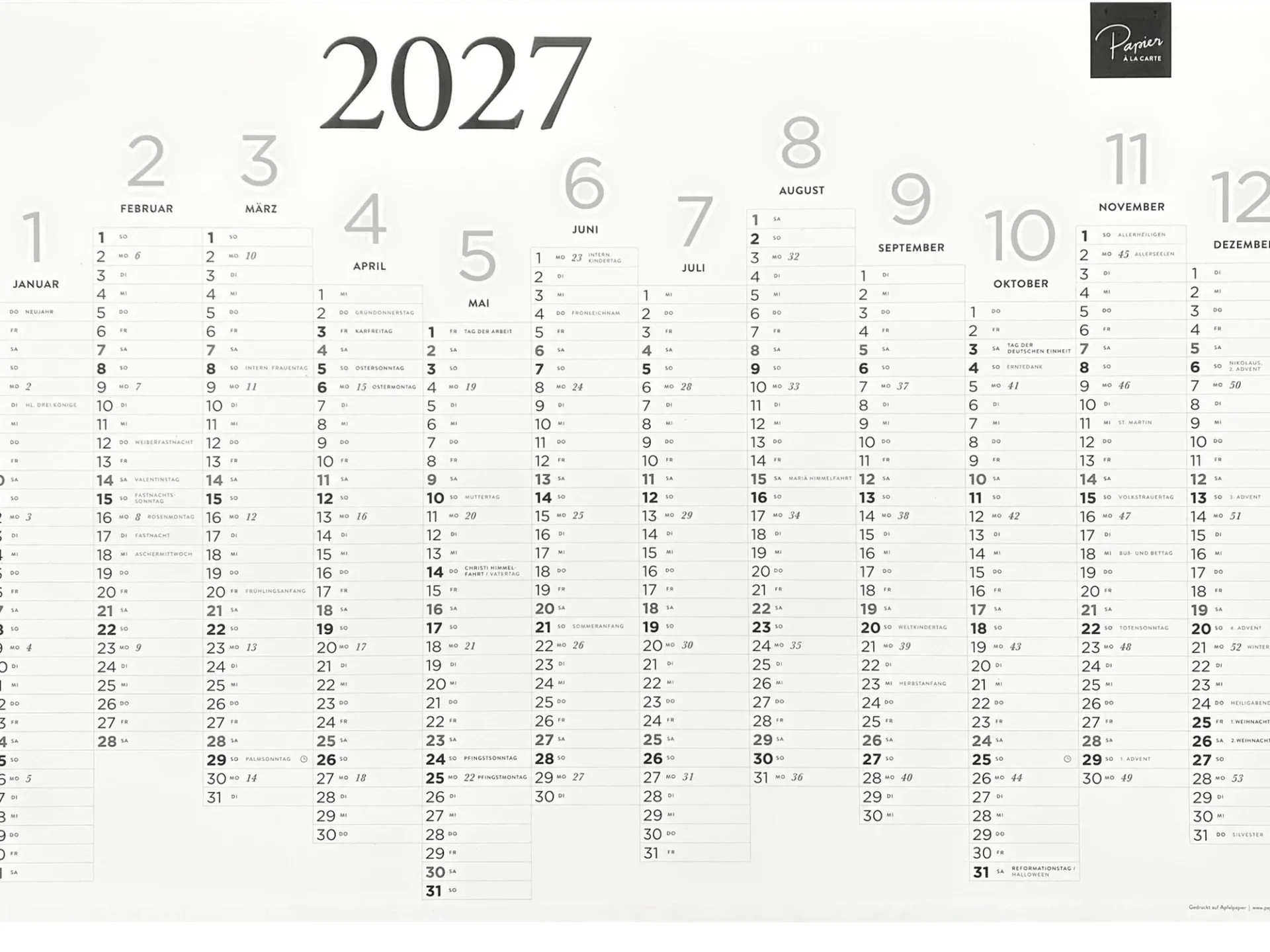 Wandkalender 2027 A1 aus Maispapier – Großes Format für stilvolle Wandübersicht